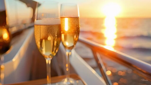 Couple toasting champagne on cruise ship to celebrate romantic voyage. Concept Romantic Cruise, Champagne Toast, Couple Celebration, Love on the Sea, Luxury Voyage