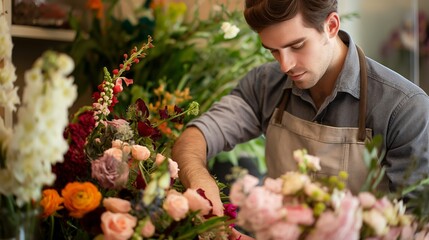 Man arranging flowers in shop, creating beautiful floral arrangements