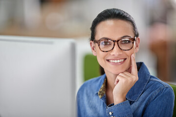 Woman, happy and portrait with computer in office with pride for career at startup media company....