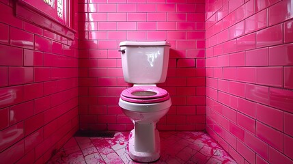 Pink, toilet, bathroom, restroom, lavatory, WC, loo, facilities, powder room, washroom, commode, seat, bowl, flush, cistern, flush handle, toilet paper, tissue, soap, sink, mirror, hand dryer, towel