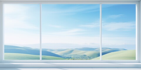 a large window with a view of rolling hills