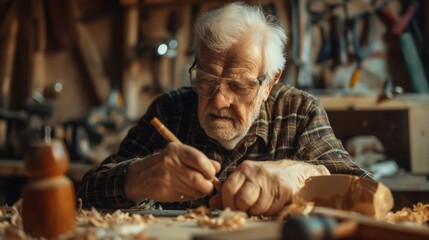 An elderly man with wrinkles carves wood in a workshop, sharing his art