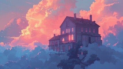 b'above the clouds house pink sky'