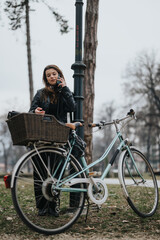 An elegant and attractive young businesswoman parks her bike, displaying confidence and style in an outdoor setting.