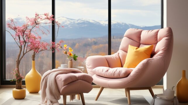 b'Modern living room interior design with pink armchair and ottoman'