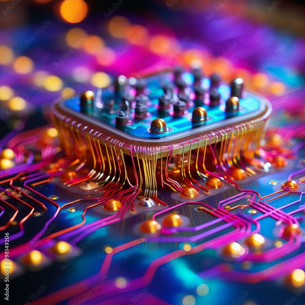 Poster b'close-up of a colorful computer chip with intricate circuitry'