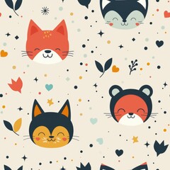 Adorable Cartoon Cat Faces Pattern for Playful Backgrounds