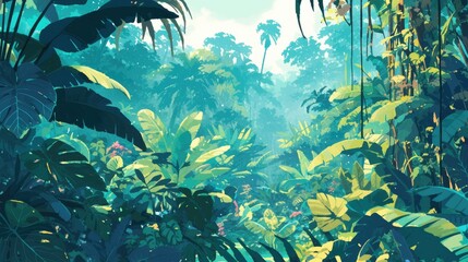 Amidst a lush tropical jungle a vibrant tapestry of leaves unfolds in the backdrop - obrazy, fototapety, plakaty