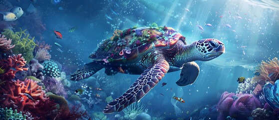 Majestic Sea Turtle Glides Through Colorful Coral Reef