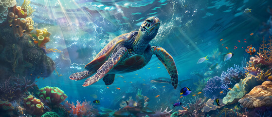 Obraz premium Majestic Sea Turtle Glides Through Colorful Coral Reef