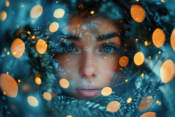 Winter wonder with bokeh lights and a woman's face. Double exposure of a female gaze with festive garland and fir branches
