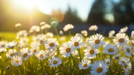 b'Field of daisies with the sun shining brightly'