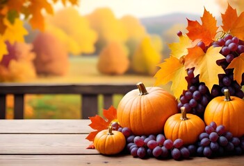 Autumn still life with pumpkins, grapes, and fall foliage on a wooden table against a blurred background