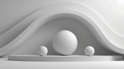 b'3D rendering of a white podium with three white spheres on it against a white background'
