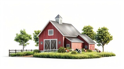 Obraz premium b'Red barn in a green field with white background'