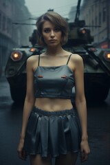 Fototapeta premium a woman in a dress standing in front of a tank