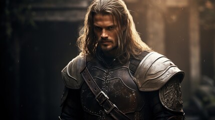 a man in armor with long hair