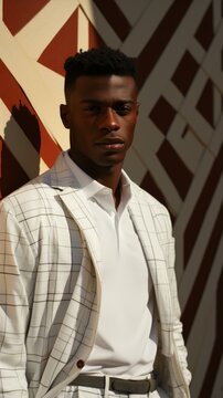 b'A young African-American man in a white suit poses against a patterned wall'