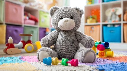 A cute gray teddy bear sitting amidst a pile of colorful building blocks plush animals and rattles inviting playful exploration and discovery in a vibrant nursery setting.