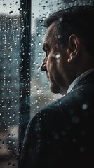 Dramatic portrait of a contemplative businessman staring out a rainstreaked window in a dark office, reflective and somber mood
