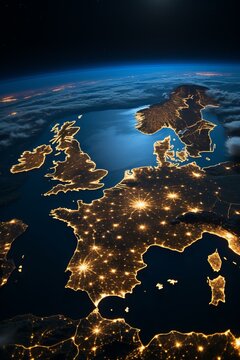 b'Night view of Europe from space showing city lights'