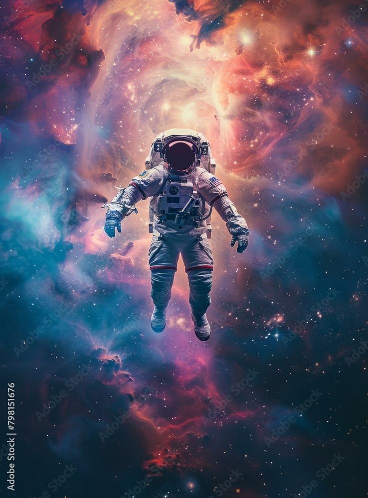 Poster b'astronaut in deep space surrounded by a colorful nebula'