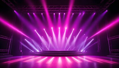A large stage with a bright, colorful lighting display. The stage is illuminated with vibrant pink and purple lights, creating a dramatic and energetic atmosphere. The background is dark