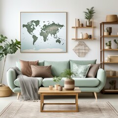 b'A living room with a world map poster on the wall'