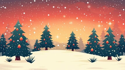Obraz premium b'Snowy Christmas Landscape with Decorated Pine Trees'