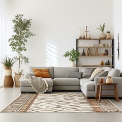 b'A Stylish Living Room With A Large Couch And Rug'