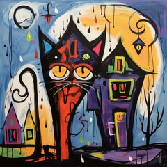 b'A Colorful and Whimsical Painting of a Cat and a House'