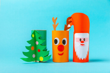 Toilet paper crafts on a colored background. Kids crafts made with toilet paper roll. DIY....