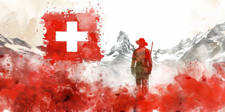 The Swiss Flag with a Yodeler and a Banker - Picture the Swiss flag with a yodeler representing Swiss traditional music and a banker symbolizing Switzerland's banking sector.