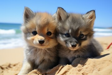 Obraz premium b'Two Adorable Fluffy Puppies Sitting on the Beach'