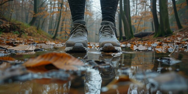 A person wearing black sneakers standing in a puddle of water in the woods