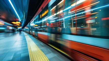 Blurred motion of a red tram at night in urban setting. Public transportation and city life concept.