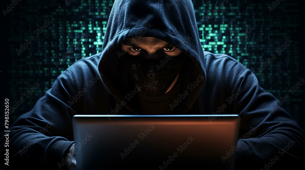 Poster b'a hooded man wearing a mask is sitting in front of a laptop in a dark room with green binary code 