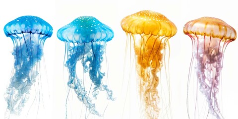 b'Four jellyfish of different colors' - obrazy, fototapety, plakaty