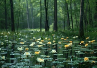 Mystical pond with white and yellow lotuses in the middle of a dense forest - obrazy, fototapety, plakaty