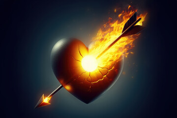 A human heart pierced by an arrow has burst in half and is burning with fire.