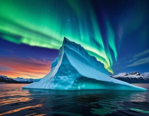 b'Iceberg In Greenland With Aurora In The Night Sky'