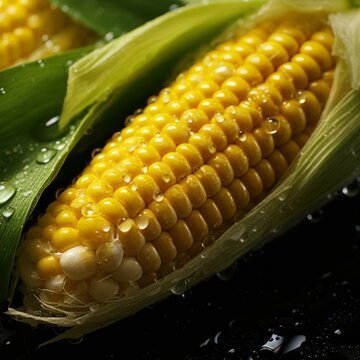 b'Close-up of a corn cob with water drops on the kernels'