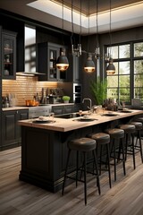 Fototapeta premium b'Black kitchen island with copper accents and dark wood floors'