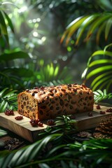 b'Close-up of a delicious fruitcake on a wooden table in a lush green jungle setting'