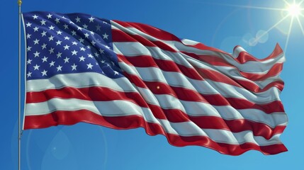 b'American flag waving in the wind against a bright blue sky with sun rays'