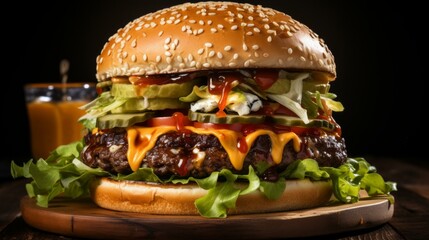 b'Close-up of a delicious cheeseburger with lettuce, tomato, onion, and pickles'