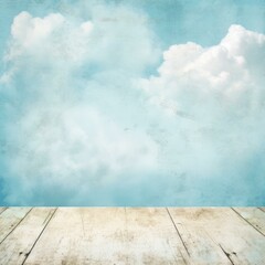 b'Blue sky and white clouds with wooden floor'