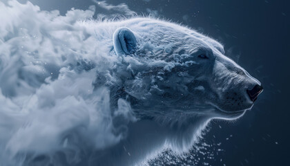 Obraz premium ethereal polar bear emerging from mist representing climate change on dark background, endangered species animal