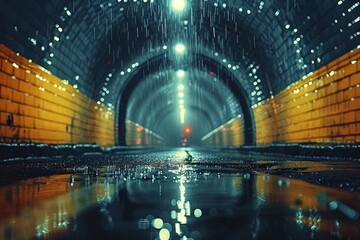 Lo-Fi Tunnel Vision: Distorted Headlights Pierce the Darkness in a Glittering City Underpass