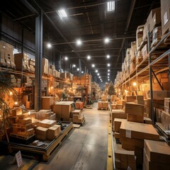 b'Boxes and packages in a warehouse'